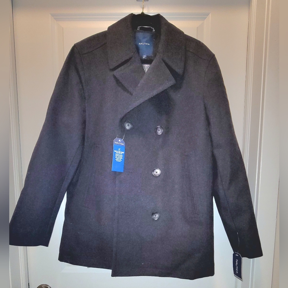 Nautica Mens Water Repellent Peacoat Over Coat Charcoal Wool  Double Breasted M